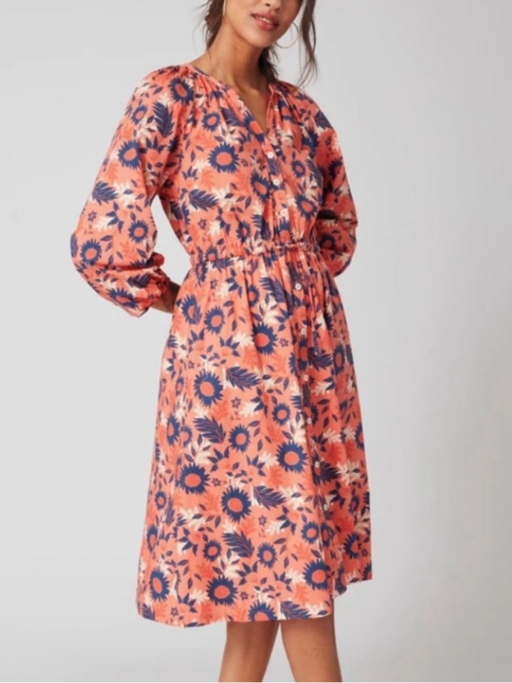 UNTUCKit Farrah Floral L/S Midi Dress Orange Navy Cotton Poplin Sz L